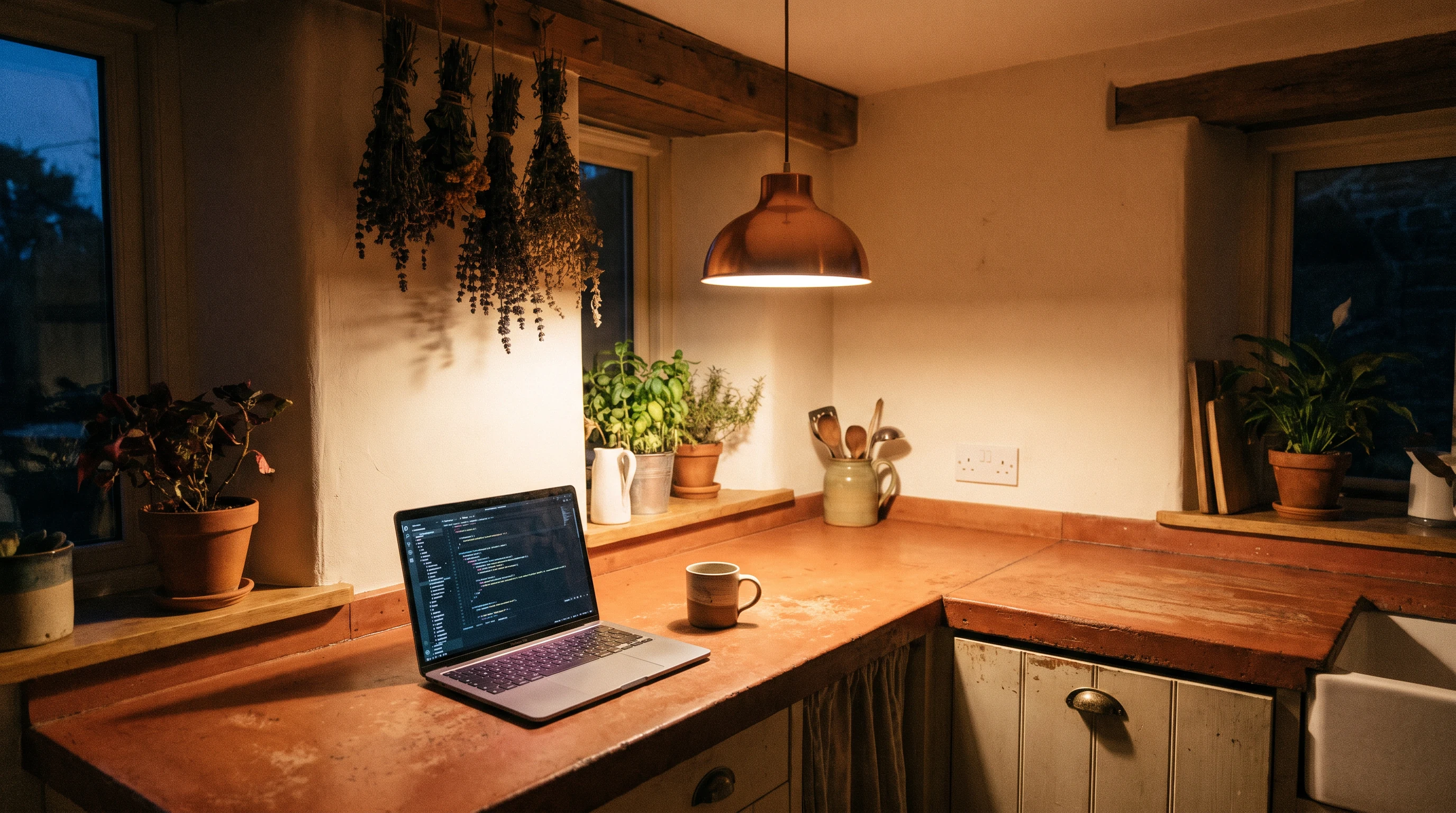 A calm kitchen desk with a laptop, herbs, and warm pendant light