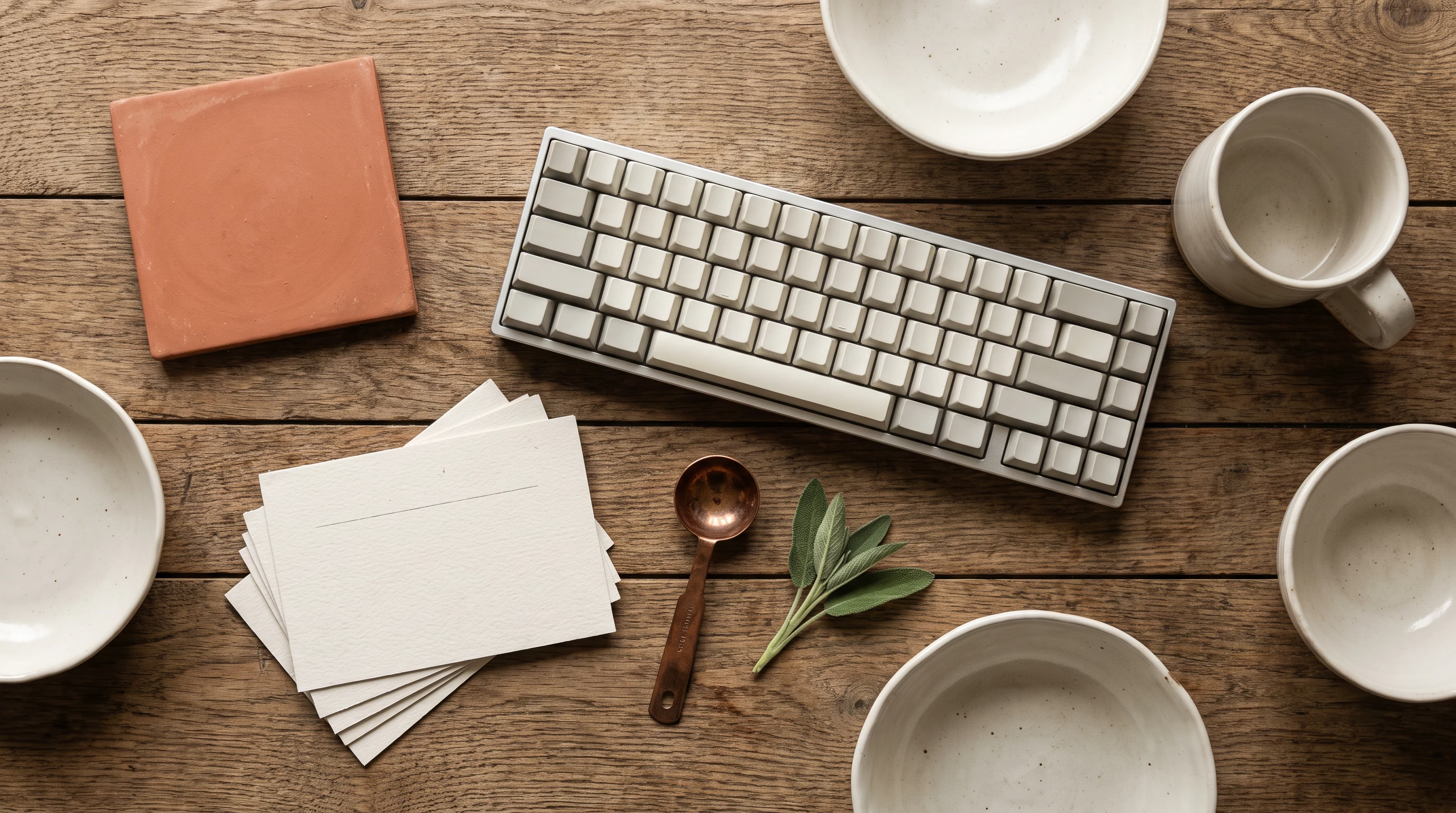 Keyboard, notebook, cups, and rosemary arranged on a table