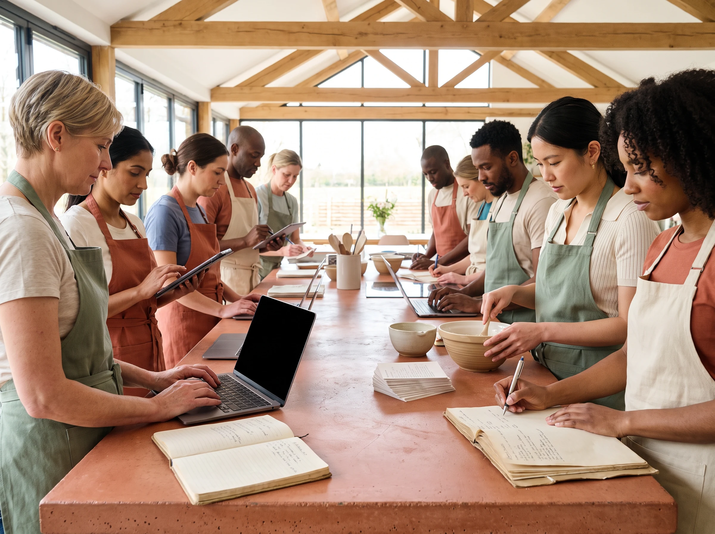 People learning together at a long work table