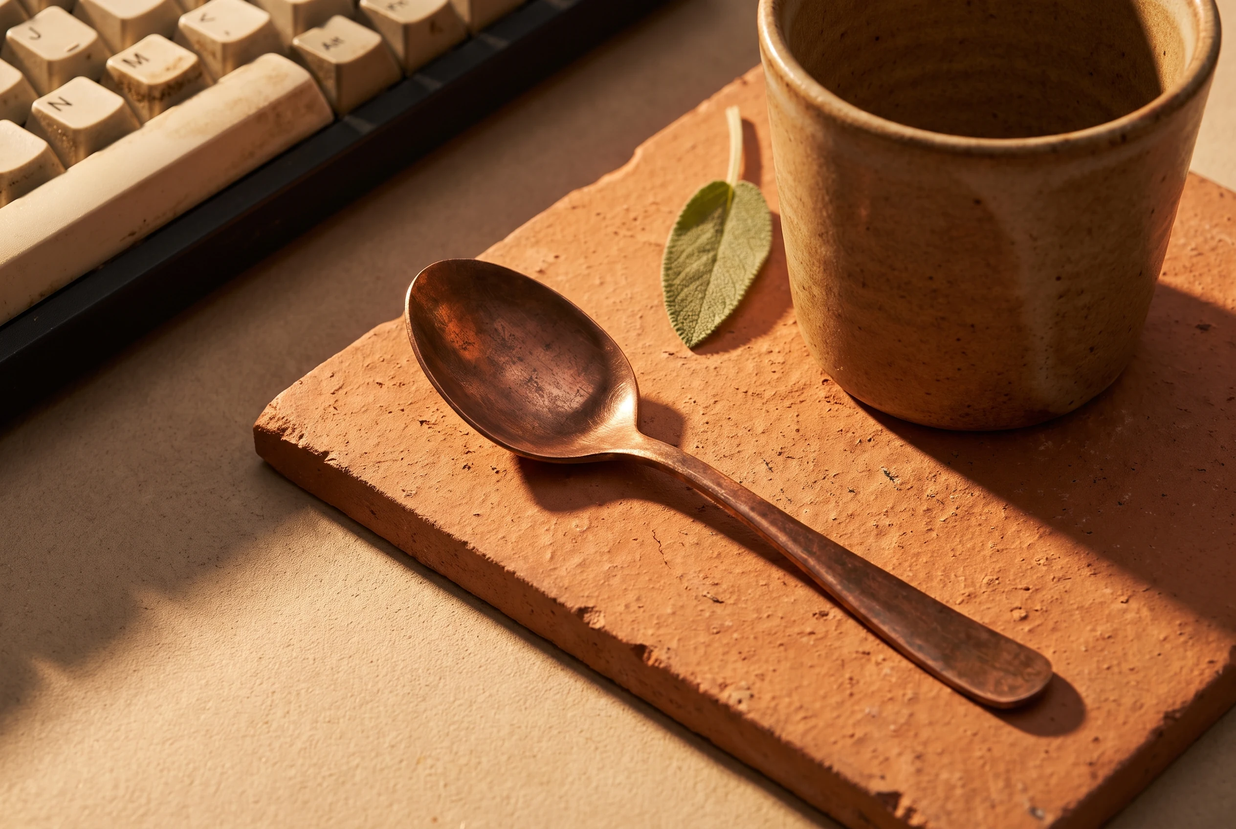 A small notebook, spoon, coffee, and keyboard in warm light