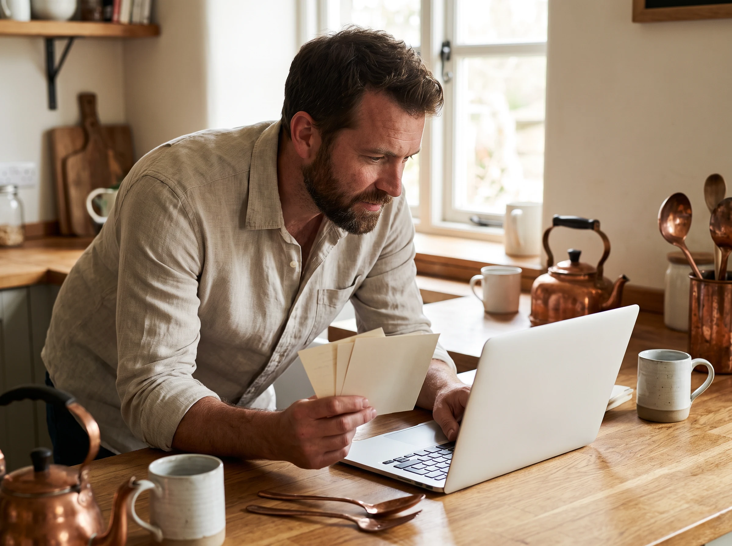 Person reviewing notes beside a laptop at a table