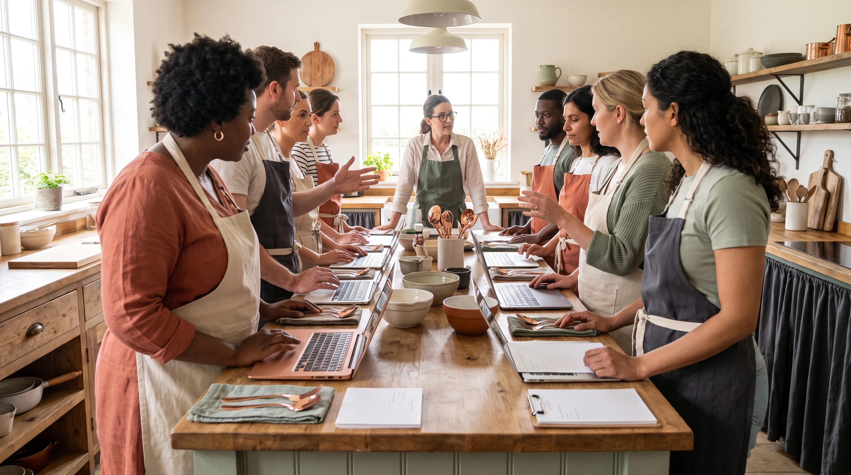A group gathered around a kitchen work table