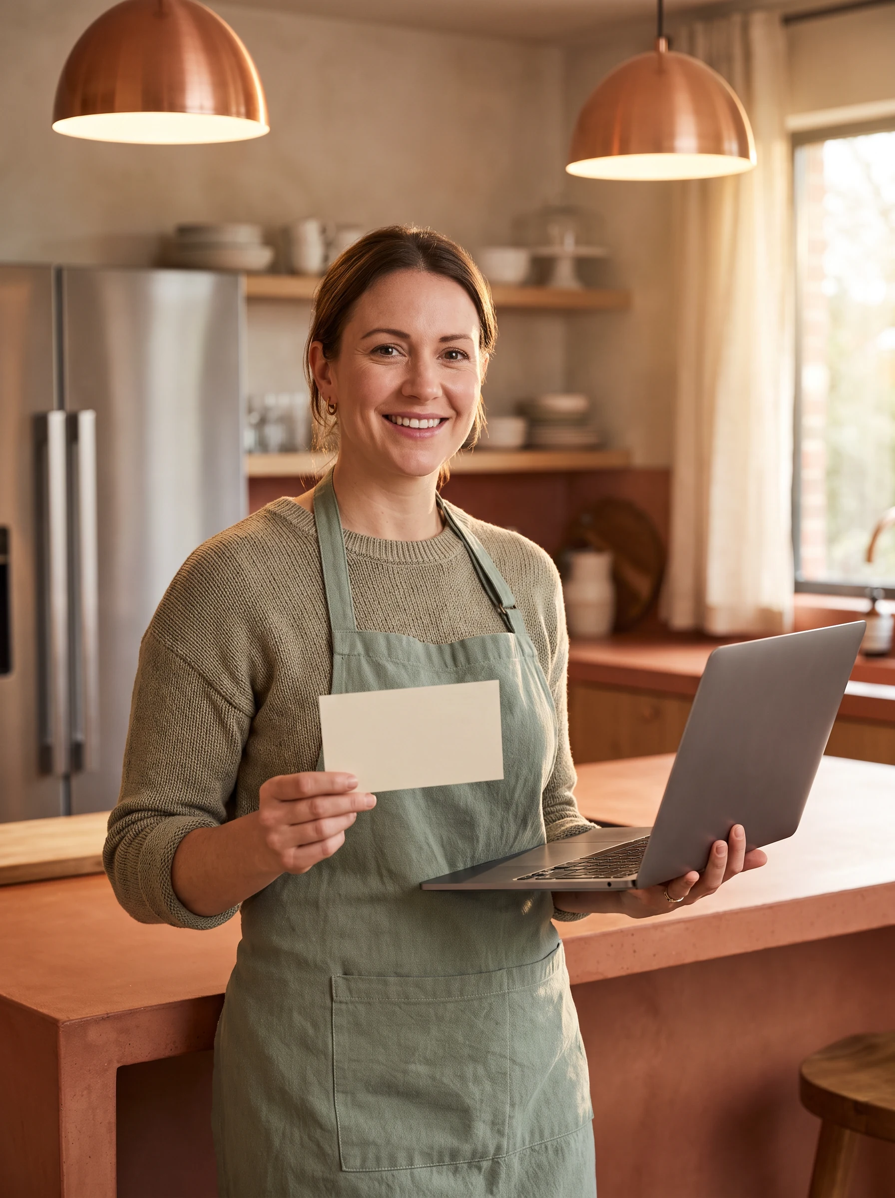 Person holding a note beside a laptop in a warm kitchen
