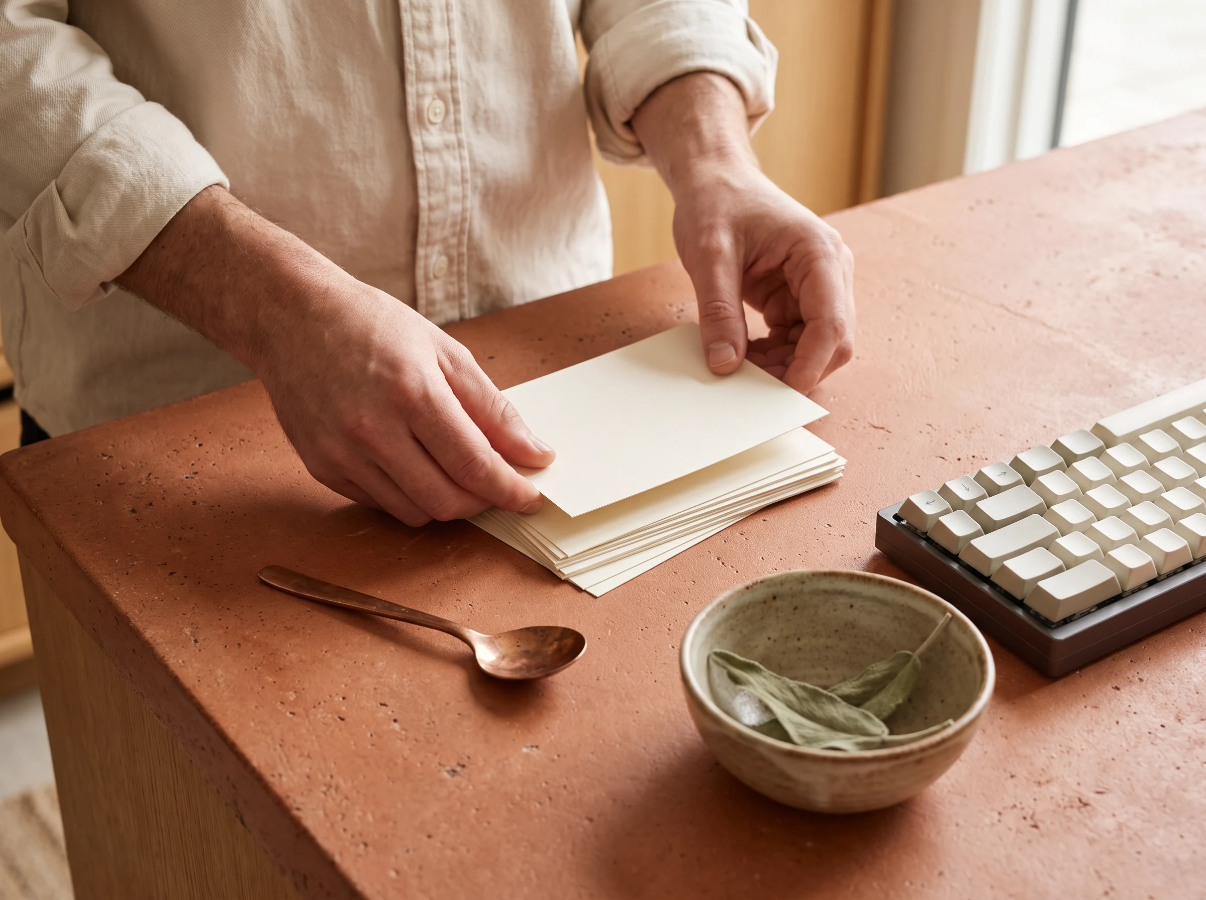 Hands arranging a notebook near a keyboard