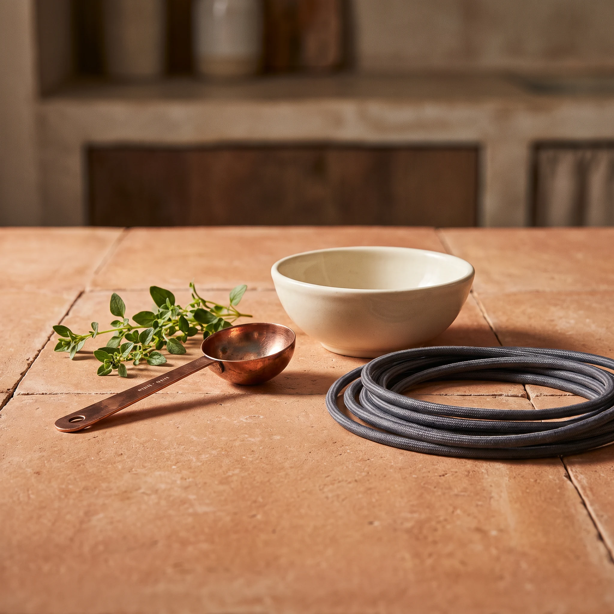 Herbs, bowls, and a coiled cable on a wooden kitchen table